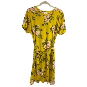 Lularoe Golden Yellow Floral Belted Marly Dress w/ Pockets Womens Size Medium